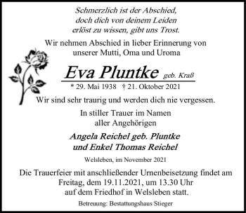 Traueranzeige von Eva Pluntke (geb. Kraß)  von Magdeburger Volksstimme