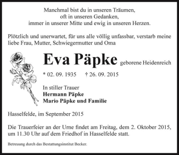 Traueranzeige von Eva Päpke (geb. Heidenreich)  von Magdeburger Volksstimme