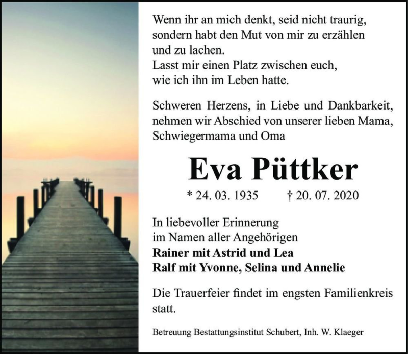  Traueranzeige für Eva Püttker  vom 25.07.2020 aus Magdeburger Volksstimme