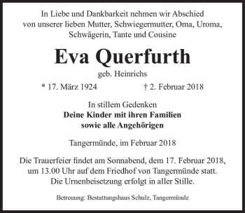 Traueranzeige von Eva Querfurth (geb. Heinrichs)  von Magdeburger Volksstimme