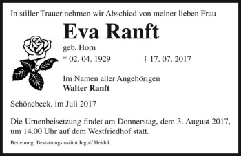 Traueranzeige von Eva Ranft (geb. Horn)  von Magdeburger Volksstimme