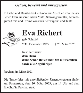 Traueranzeige von Eva Richert (geb. Schmidt)  von Magdeburger Volksstimme