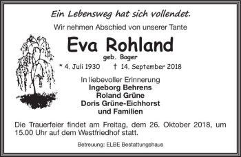 Traueranzeige von Eva Rohland (geb. Boger)  von Magdeburger Volksstimme