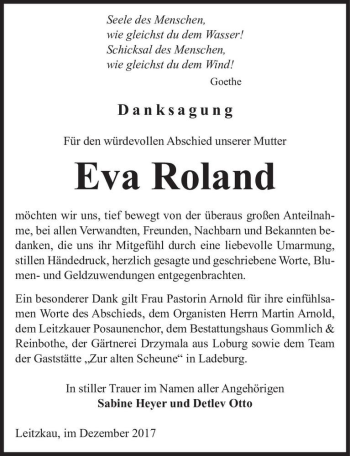 Traueranzeige von Eva Roland  von Magdeburger Volksstimme