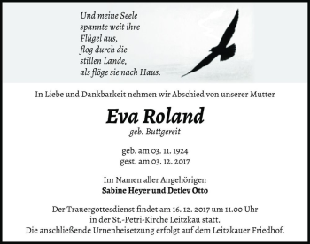 Traueranzeige von Eva Roland (geb. Buttgereit)  von Magdeburger Volksstimme