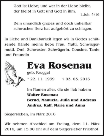 Traueranzeige von Eva Rosenau (geb. Kruggel)  von Magdeburger Volksstimme