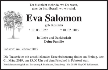 Traueranzeige von Eva Salomon (geb. Kosinski)  von Magdeburger Volksstimme