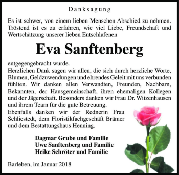 Traueranzeige von Eva Sanftenberg  von Magdeburger Volksstimme