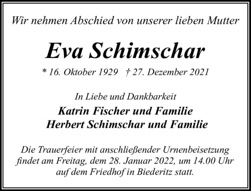  Traueranzeige für Eva Schimschar  vom 08.01.2022 aus Magdeburger Volksstimme