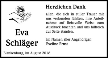 Traueranzeige von Eva Schläger  von Magdeburger Volksstimme