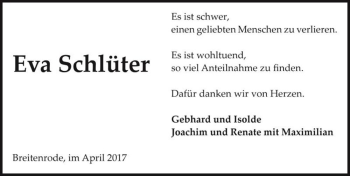 Traueranzeige von Eva Schlüter  von Magdeburger Volksstimme