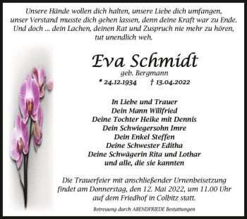 Traueranzeige von Eva Schmidt (geb. Bergmann)  von Magdeburger Volksstimme