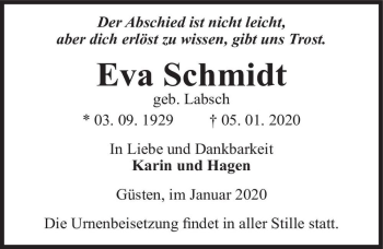 Traueranzeige von Eva Schmidt (geb. Lasch)  von Magdeburger Volksstimme