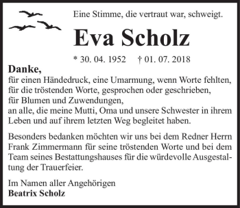 Traueranzeige von Eva Scholz  von Magdeburger Volksstimme