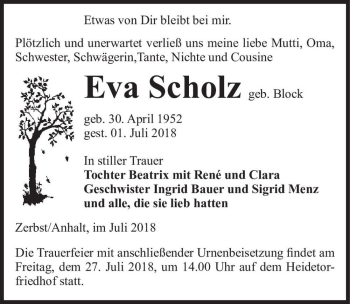Traueranzeige von Eva Scholz (geb. Block)  von Magdeburger Volksstimme