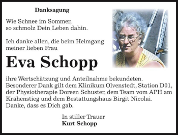 Traueranzeige von Eva Schopp  von Magdeburger Volksstimme