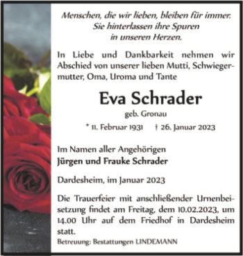 Traueranzeige von Eva Schrader (geb. Gronau)  von Magdeburger Volksstimme