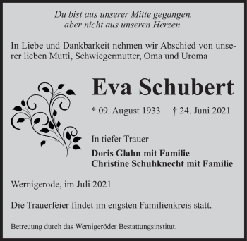 Traueranzeige von Eva Schubert  von Magdeburger Volksstimme