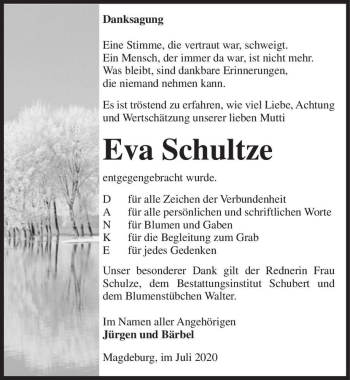Traueranzeige von Eva Schultze  von Magdeburger Volksstimme