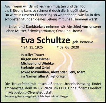 Traueranzeige von Eva Schultze (geb. Benecke)  von Magdeburger Volksstimme