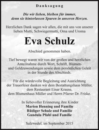Traueranzeige von Eva Schulz  von Magdeburger Volksstimme