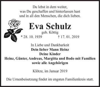 Traueranzeige von Eva Schulz (geb. Köttig)  von Magdeburger Volksstimme