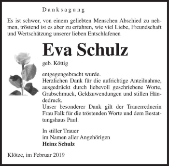 Traueranzeige von Eva Schulz (geb. Köttig)  von Magdeburger Volksstimme