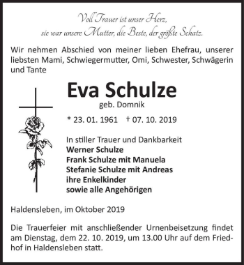 Traueranzeige von Eva Schulze (geb. Domnik)  von Magdeburger Volksstimme