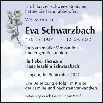 Traueranzeige von Eva Schwarzbach  von Magdeburger Volksstimme