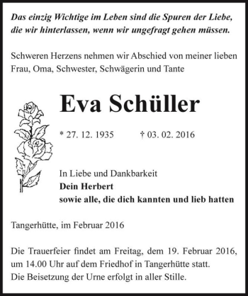 Traueranzeige von Eva Schüller  von Magdeburger Volksstimme