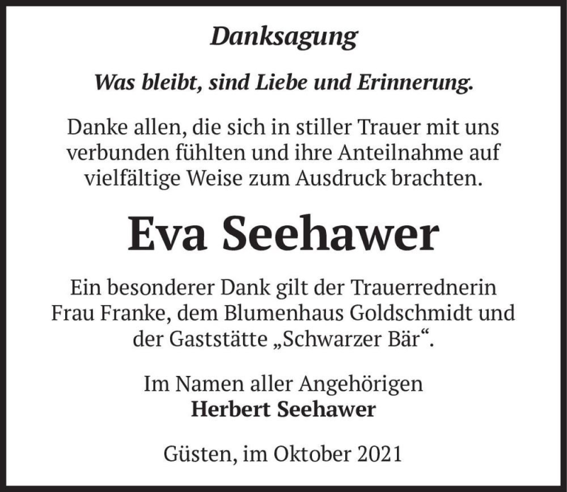  Traueranzeige für Eva Seehawer  vom 09.10.2021 aus Magdeburger Volksstimme