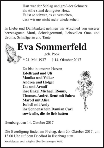Traueranzeige von Eva Sommerfeld (geb. Pook)  von Magdeburger Volksstimme
