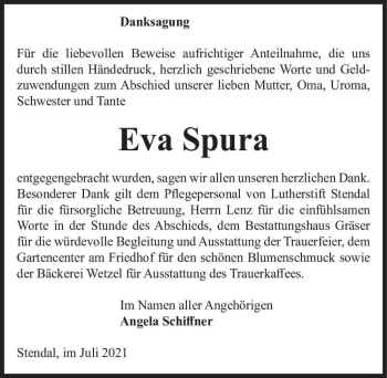 Traueranzeige von Eva Spura  von Magdeburger Volksstimme