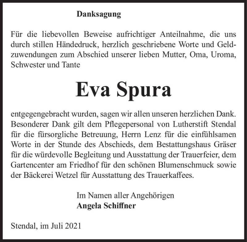  Traueranzeige für Eva Spura  vom 13.07.2021 aus Magdeburger Volksstimme