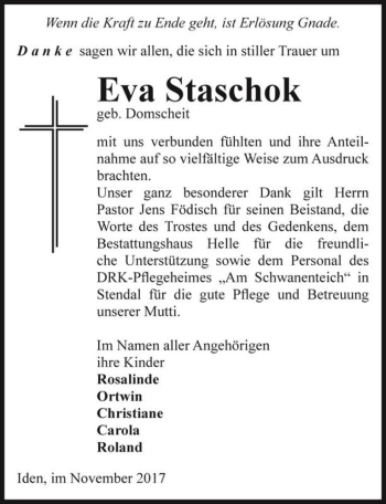 Traueranzeige von Eva Staschok (geb. Domscheit)  von Magdeburger Volksstimme