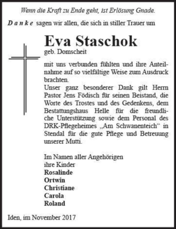 Traueranzeige von Eva Staschok (geb. Domscheit)  von Magdeburger Volksstimme