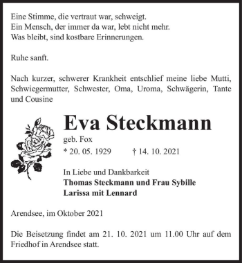 Traueranzeige von Eva Steckmann (geb. Fox)  von Magdeburger Volksstimme