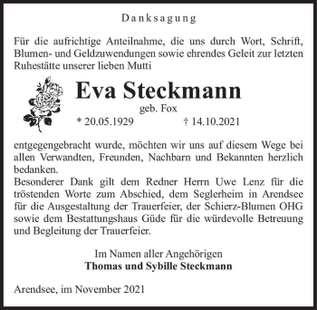 Traueranzeige von Eva Steckmann (geb. Fox)  von Magdeburger Volksstimme