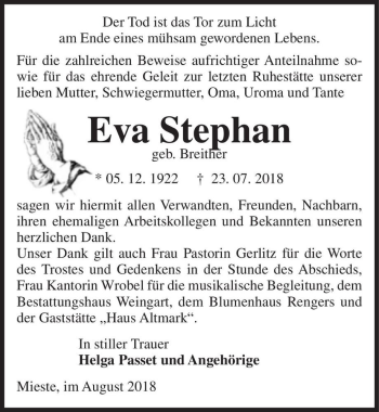 Traueranzeige von Eva Stephan (geb. Breither)  von Magdeburger Volksstimme