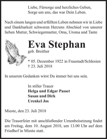 Traueranzeige von Eva Stephan (geb. Breither)  von Magdeburger Volksstimme