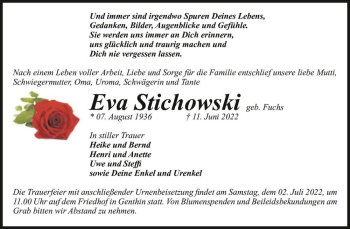 Traueranzeige von Eva Stichowski (geb. Fuchs)  von Magdeburger Volksstimme