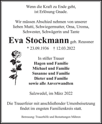 Traueranzeige von Eva Stockmann (geb. Reussner)  von Magdeburger Volksstimme