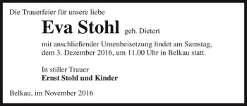 Traueranzeige von Eva Stohl (geb. Dietert)  von Magdeburger Volksstimme