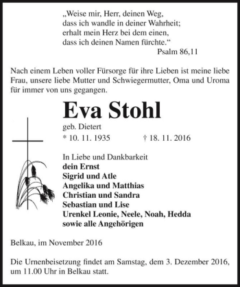 Traueranzeige von Eva Stohl (geb. Dietert)  von Magdeburger Volksstimme