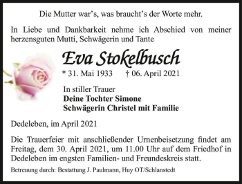 Traueranzeige von Eva Stokelbusch  von Magdeburger Volksstimme