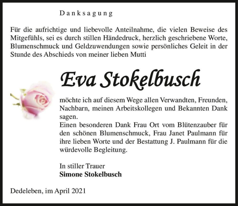  Traueranzeige für Eva Stokelbusch  vom 08.05.2021 aus Magdeburger Volksstimme