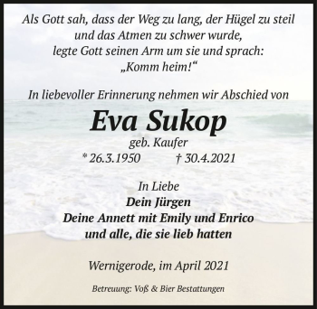 Traueranzeige von Eva Sukop (geb. Kaufer)  von Magdeburger Volksstimme