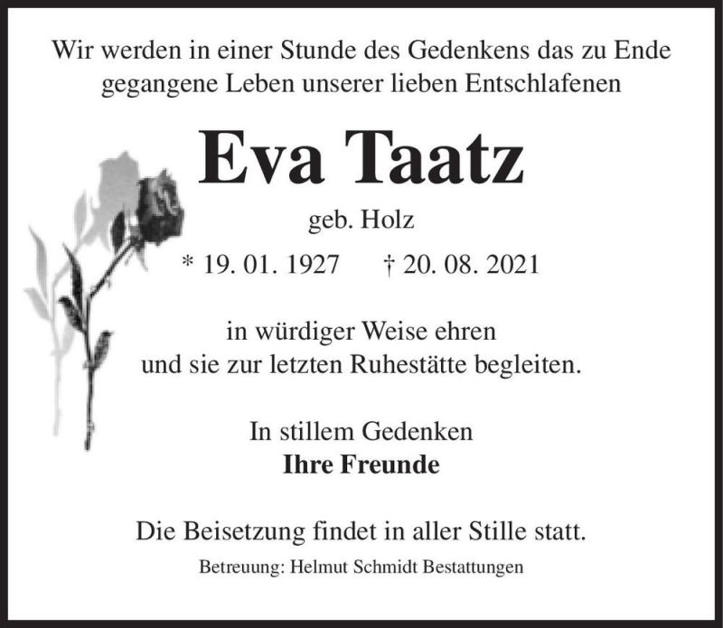  Traueranzeige für Eva Taatz (geb. Holz)  vom 18.09.2021 aus Magdeburger Volksstimme