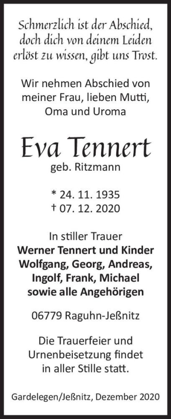 Traueranzeige von Eva Tennert (geb. Ritzmann)  von Magdeburger Volksstimme