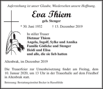 Traueranzeige von Eva Thiem (geb. Stenger)  von Magdeburger Volksstimme